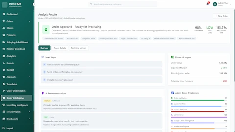 Order Analysis Results displaying approved status with 98% confidence score, LOW risk level, $35,842 order value with 24.5% expected margin, next steps workflow, AI recommendations for fulfillment optimization, and comprehensive agent score breakdown across all 12 agents